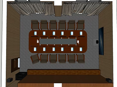 Spacious Conference Room With Large Wooden Table Surrounding Chairs And Projection Screen 3d model