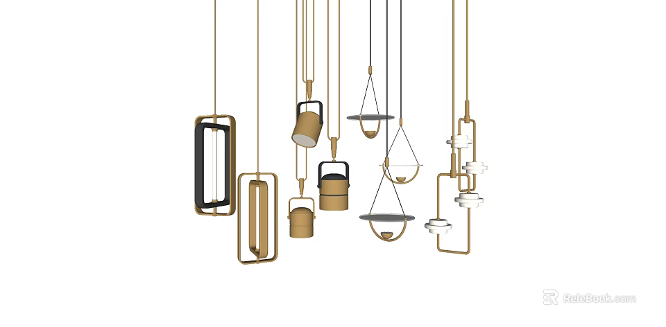 Modern Stylish Hanging Chandeliers With Geometric Metal Frames And Glass Details 3d model 