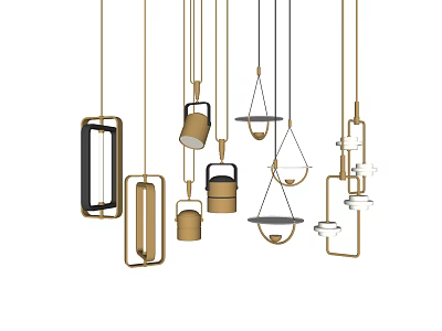 Modern Stylish Hanging Chandeliers With Geometric Metal Frames And Glass Details 3d model