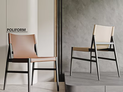 Modern Minimalist Brown And Beige Leather Leisure Chairs With Black Frame By Poliform 3d model