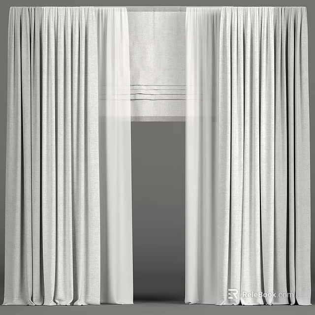 Elegant White Layered Curtains With Sheer Panels For Modern Home Decor 3d model 