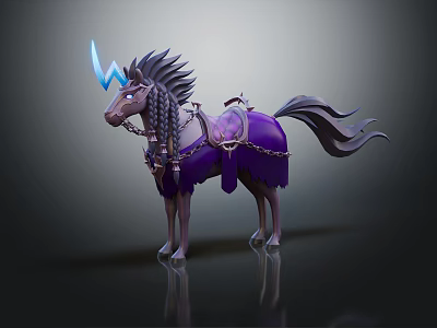 Mythical Purple Horse with Lightning Horn Spiked Mane and Chain Decorated Saddle 3d model