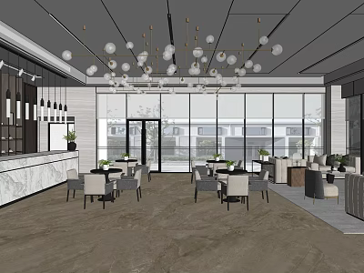 Modern Property Sales Office Interior with Chandeliers Large Glass Windows Tables Chairs and Marble Counter 3d model