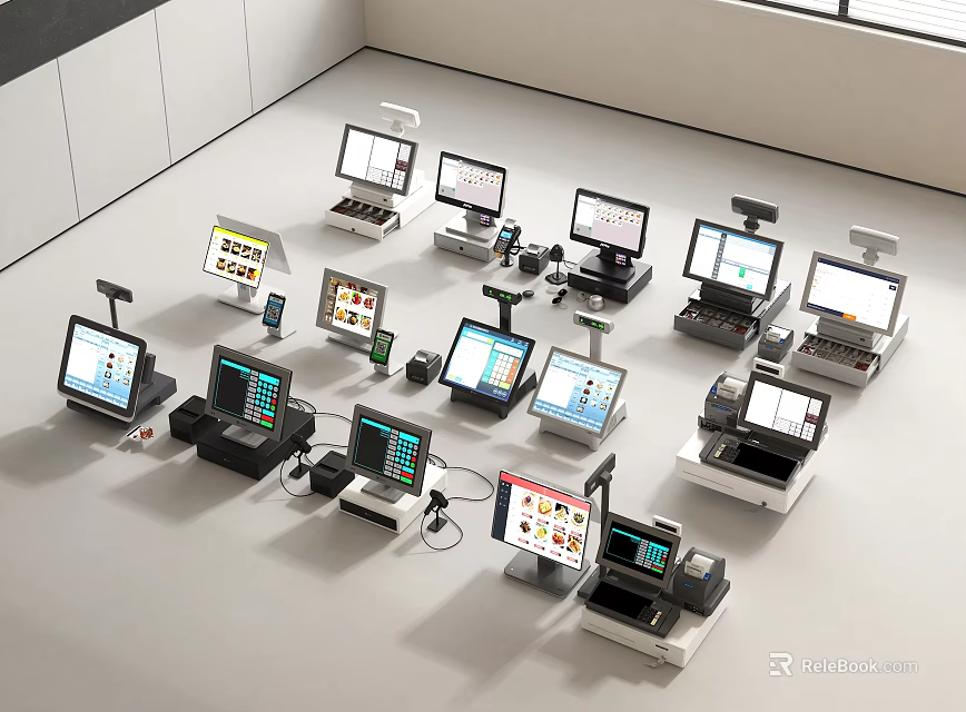Various Retail Commercial POS Equipment With Touchscreen Displays And Models 3d model 