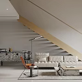 Modern Living and Dining Room Interior With Sofa Coffee Table Staircase Plant And Cabinet