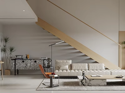 Modern Living and Dining Room Interior With Sofa Coffee Table Staircase Plant And Cabinet 3d model