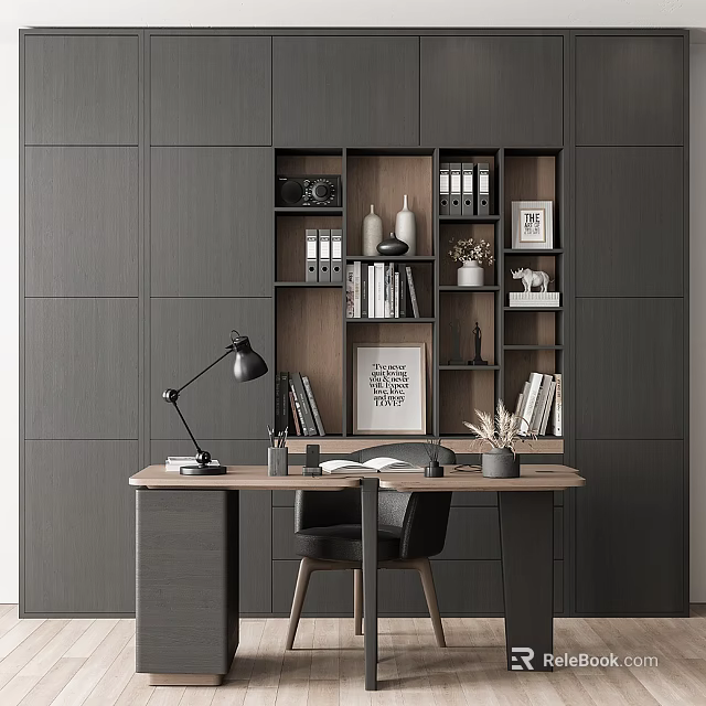 Modern Home Office Desk Setup With Bookshelf Lighting And Decor Items 3d model 