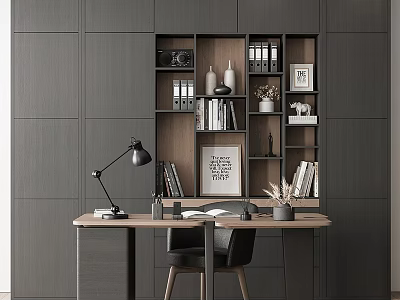 Modern Home Office Desk Setup With Bookshelf Lighting And Decor Items 3d model