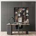 Modern Home Office Desk Setup With Bookshelf Lighting And Decor Items