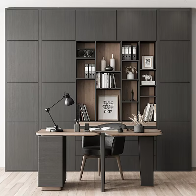 Modern Home Office Desk Setup With Bookshelf Lighting And Decor Items 3d model