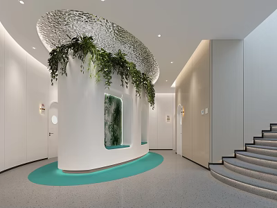 Modern Elevator Hallway With Curved Decor Green Plants And Blue Floor 3d model
