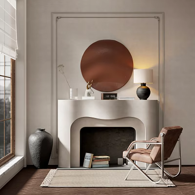 White Fireplace Mantel With Round Brown Mirror Table Lamp And Nearby Chair Interior Design 3d model