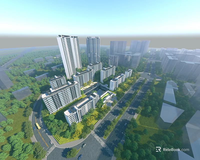 Aerial View Urban Planning With High Rise Residential Buildings Roads and Green Areas 3d model 