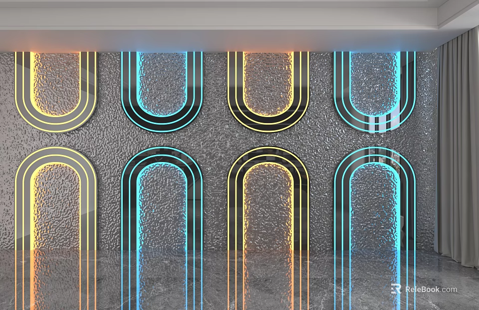 Modern Textured Background Wall With Arched LED Light Strips And Colorful Accents 3d model 