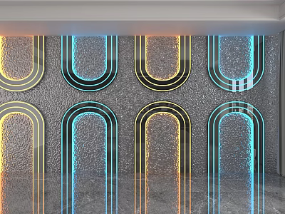 Modern Textured Background Wall With Arched LED Light Strips And Colorful Accents 3d model