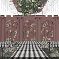 Luxurious Banquet Hall Interior With Ceiling Floral Decor Checkerboard Floor And Pink Columns