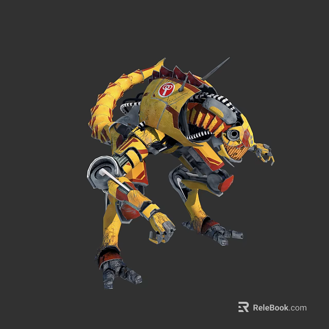 Futuristic Yellow Red Mechanical Monster Creature With Armor And Gears 3d model 