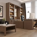 Traditional Chinese Office Interior With Wooden Desk Chairs Bookshelf Sofa And Calligraphy Art