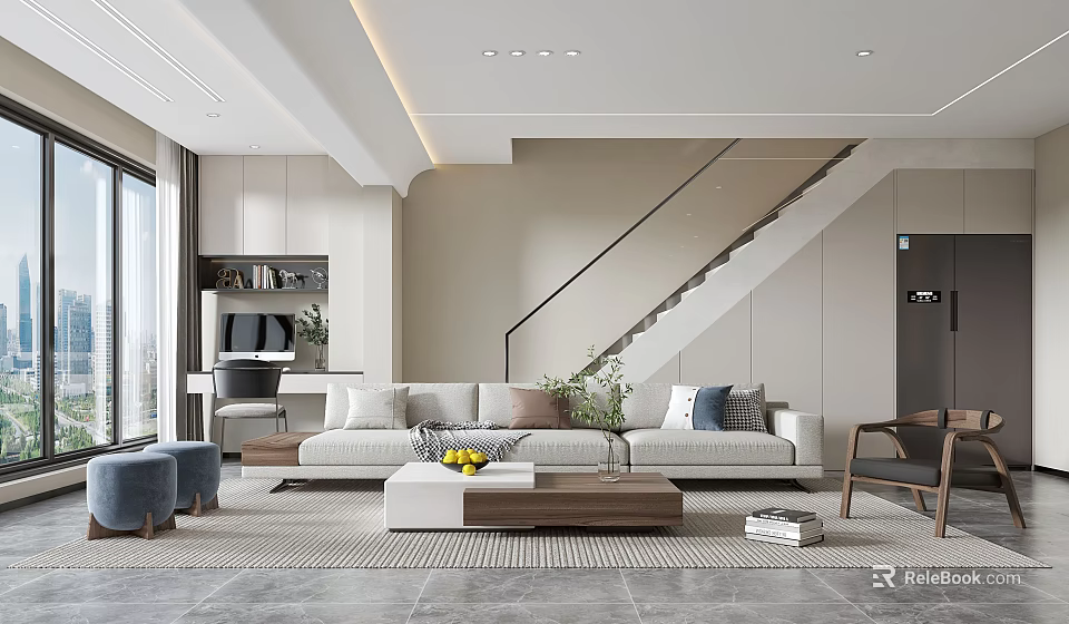 Modern Living and Dining Room Interior With Floor to Ceiling Windows Sofa And Coffee Table 3d model 