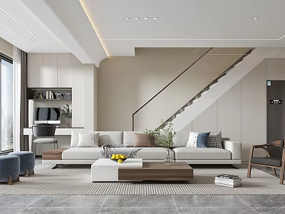 Modern Living and Dining Room Interior With Floor to Ceiling Windows Sofa And Coffee Table 3d model