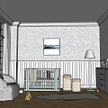 Kids Room Interior Design With Patterned Wallpaper Large Windows Crib Gray Armchair Floor Lamp Dresser