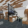 Cozy Leisure Area Interior With Wooden Ceiling Sofas Screens And Potted Plant