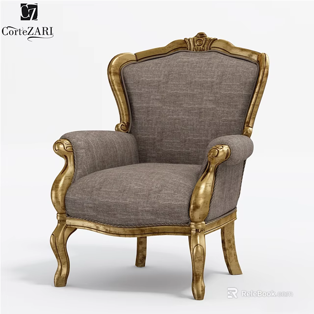 Ornate Golden Carved Armchair With Gray Fabric Upholstery And Classic Design 3d model 