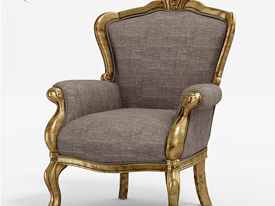 Ornate Golden Carved Armchair With Gray Fabric Upholstery And Classic Design 3d model