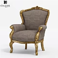 Ornate Golden Carved Armchair With Gray Fabric Upholstery And Classic Design