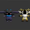 3D Purple And Yellow White Cartoon Characters With Horns And Striped Design