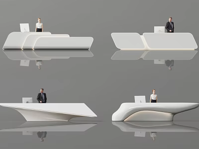 Modern Sleek White Reception Desk With Computer Monitor And Receptionist In Office Lobby 3d model
