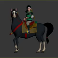 Female Character With Blue Hair In Green Outfit Riding Black Horse With White Facial Markings