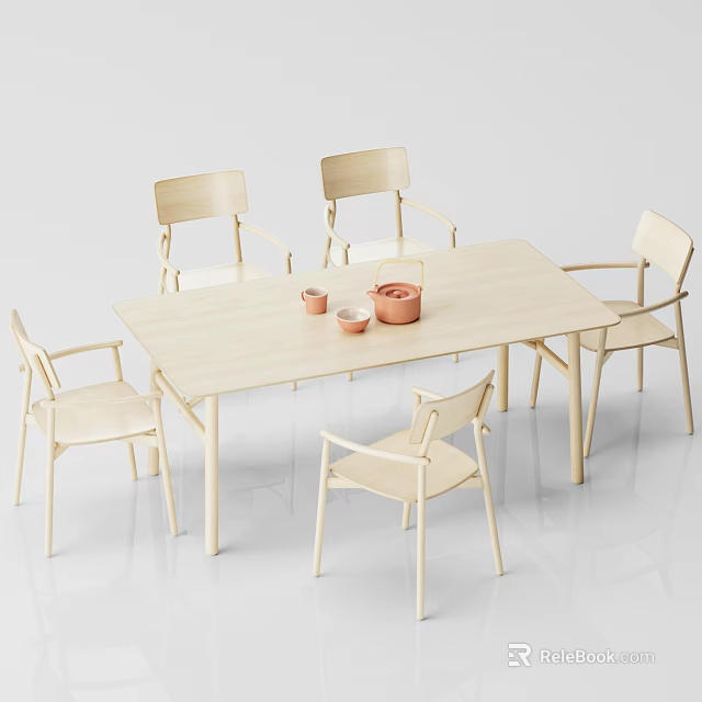 Modern Rectangular Light Wood Dining Table Set With Five Simple Chairs And Ceramic Bowls 3d model