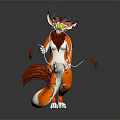 Game Movie Fantasy Character Orange Horned Long Tailed With White Fur Green Eyes Holding Ropes
