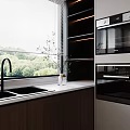 Modern Kitchen Interior With White And Dark Wood Cabinets Large Window And Green Landscape Appliances