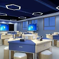 Modern School Classroom Interior With Blue Desks Screens And Hexagonal Lights 3d model