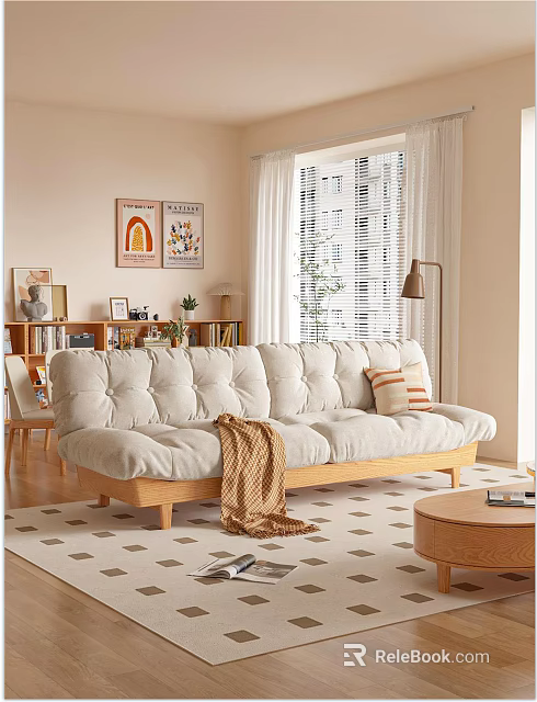 Cozy Modern Living Dining Area Interior With Padded Sofa Bookshelf Curtains And Geometric Carpet 3d model 