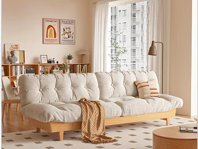 Cozy Modern Living Dining Area Interior With Padded Sofa Bookshelf Curtains And Geometric Carpet 3d model
