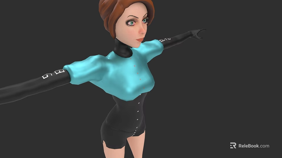 Stylish 3D Model Woman With Brown Hair Blue Top Black Shorts And White Arm Details 3d model 