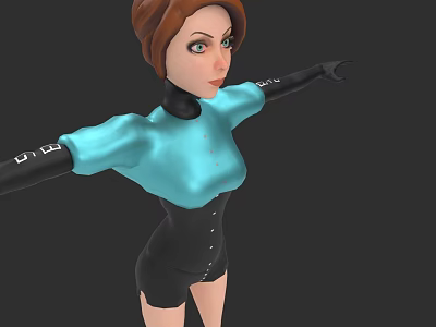 Stylish 3D Model Woman With Brown Hair Blue Top Black Shorts And White Arm Details 3d model