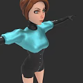 Stylish 3D Model Woman With Brown Hair Blue Top Black Shorts And White Arm Details
