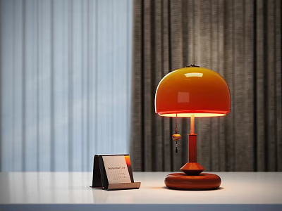 Illuminated Table Lamp With Orange Shade And Wooden Base On Desk With Calendar And Curtains 3d model