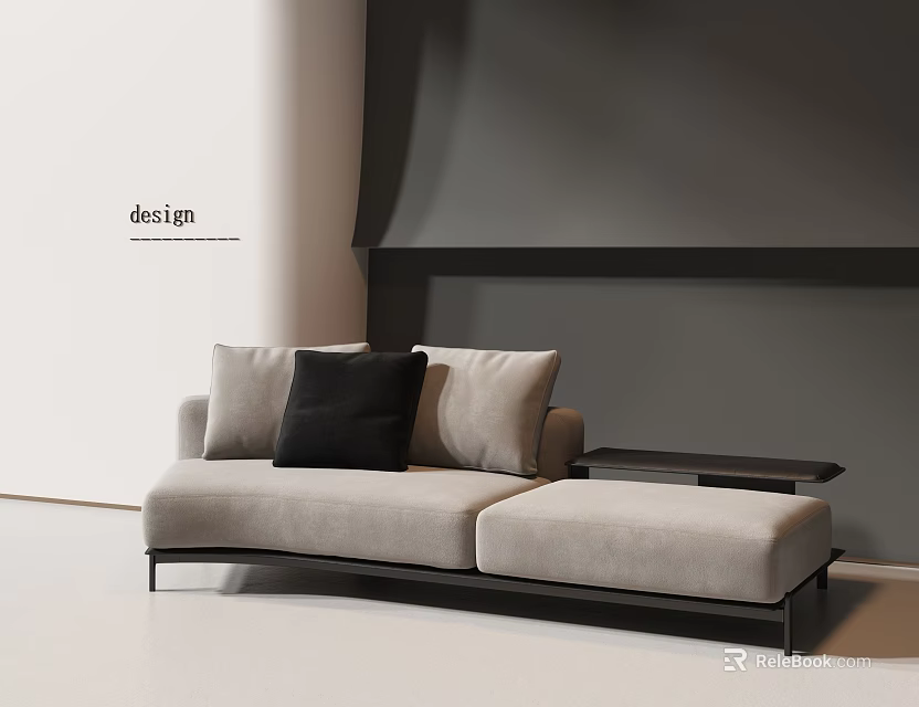 Modern Two Seater Sofa With Light Gray Fabric Black Cushions And Minimalist Side Table 3d model 