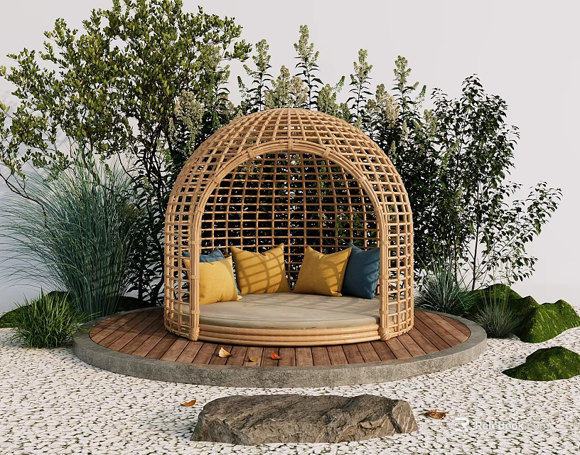 Landscape Seating With Wicker Dome Structure Yellow And Blue Cushions Surrounded By Green Plants And Wooden Platform 3d model 