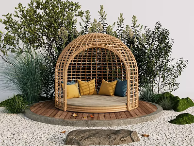 Landscape Seating With Wicker Dome Structure Yellow And Blue Cushions Surrounded By Green Plants And Wooden Platform 3d model