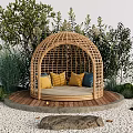Landscape Seating With Wicker Dome Structure Yellow And Blue Cushions Surrounded By Green Plants And Wooden Platform