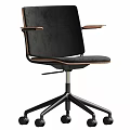 Modern Office Chair With Wooden Backrest Black Armrests And Metal Base