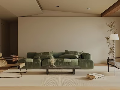Elegant Modern Living Room Interior With Green Sofa Coffee Table And Floor Lamp 3d model