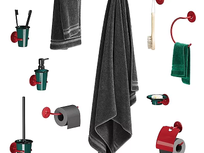 Essential Bathroom Accessories Including Towels Toilet Brush Tissue Holder And Soap Dispenser 3d model
