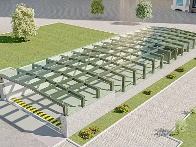 Modern Road Facility Glass Structure Parking Shelter With Lawn And Trees 3d model